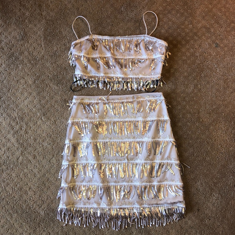 Champagne sequin top and skirt set
